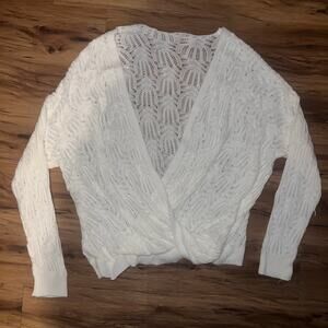 White Knit Wrap Sweater Long Sleeve V-Neck Textured Lightweight Pullover Top XXL